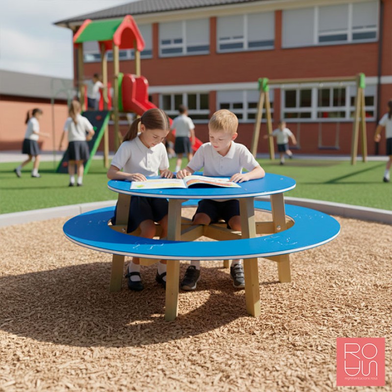 Taula de Pícnic Blava amb Gravats | Mobiliari de Fusta i PEHD